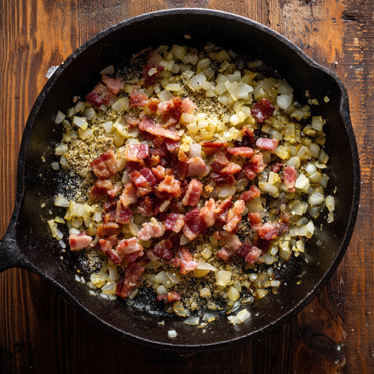 Diced bacon, onions, and garlic sizzling in a cast-iron skillet on a rustic wooden surface, showing the early homemade base for baked beans with golden bits and visible bacon fat.