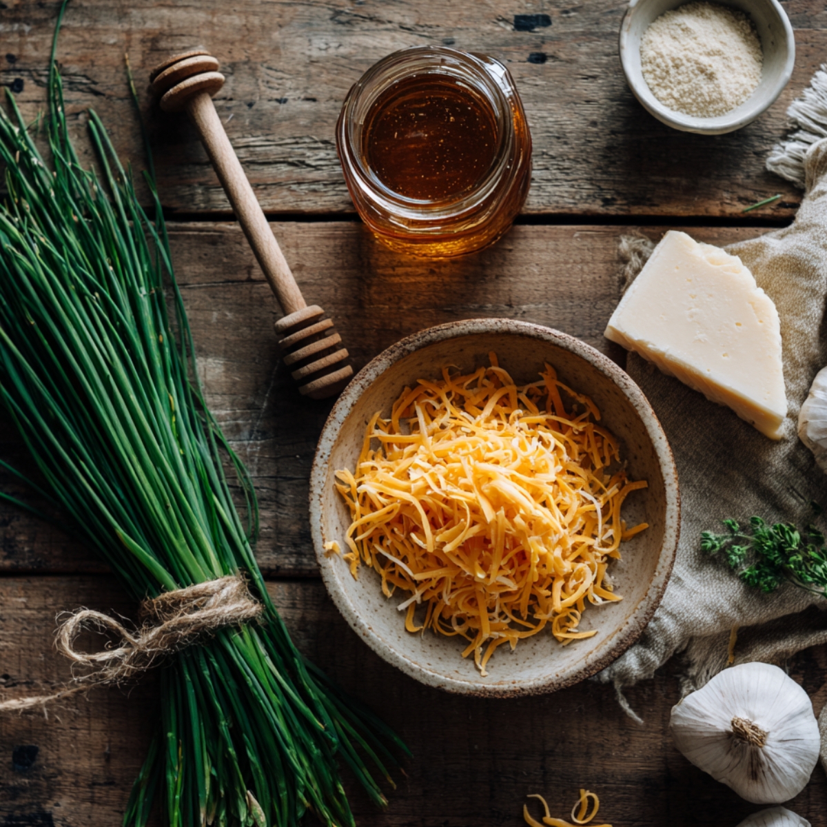 Rustic table with honey jar and dipper, fresh chives bundle, bowl of shredded cheddar, wedge of cheese, garlic powder in a small bowl, and whole garlic bulbs in warm natural light.