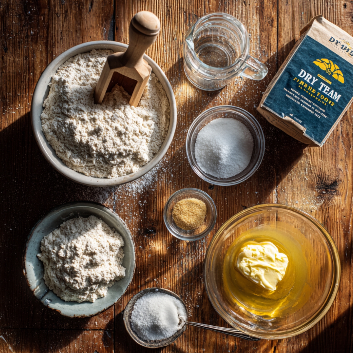 Rustic table with flour in bowls and bag, wooden scoop, glass measuring cup, small bowls of sugar, salt, garlic powder, and a glass bowl of softened butter in warm natural light.