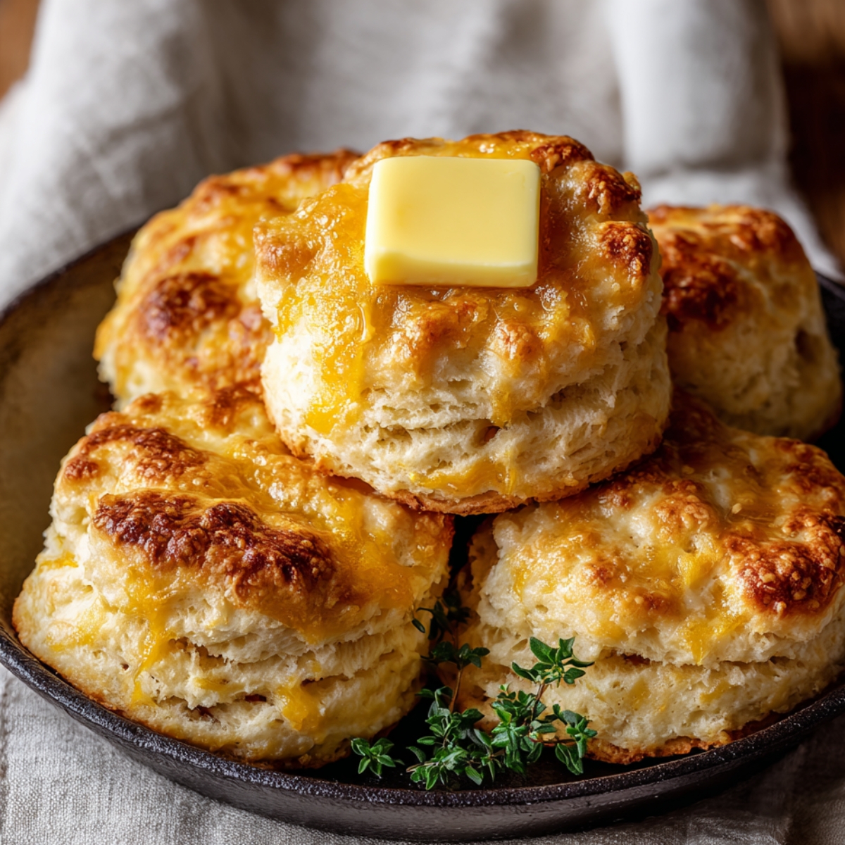 Golden, flaky butter swim biscuits in a cast-iron skillet, topped with melted cheese and a square of butter on the center biscuit, with sprigs of thyme and a linen cloth in the background.