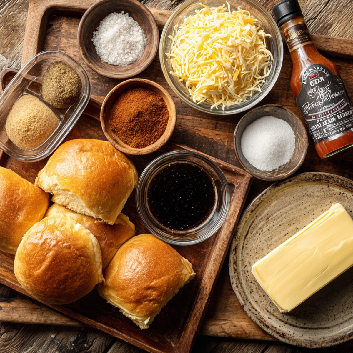 Ingredients for Cajun Chicken Sloppy Joes on a rustic wooden table: brioche buns, shredded cheese, Worcestershire sauce, hot sauce, brown sugar, smoked paprika, salt, pepper, and a stick of butter.