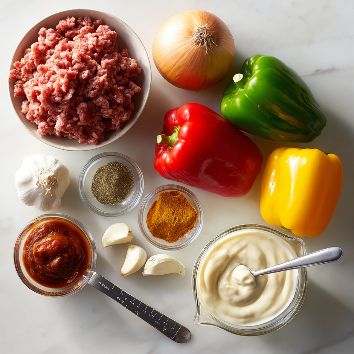 Fresh ingredients for Cajun Chicken Sloppy Joes on a white marble counter: ground chicken, onion, red, green, and yellow bell peppers, garlic, Cajun seasoning, black pepper, tomato paste, and heavy cream with a spoon.