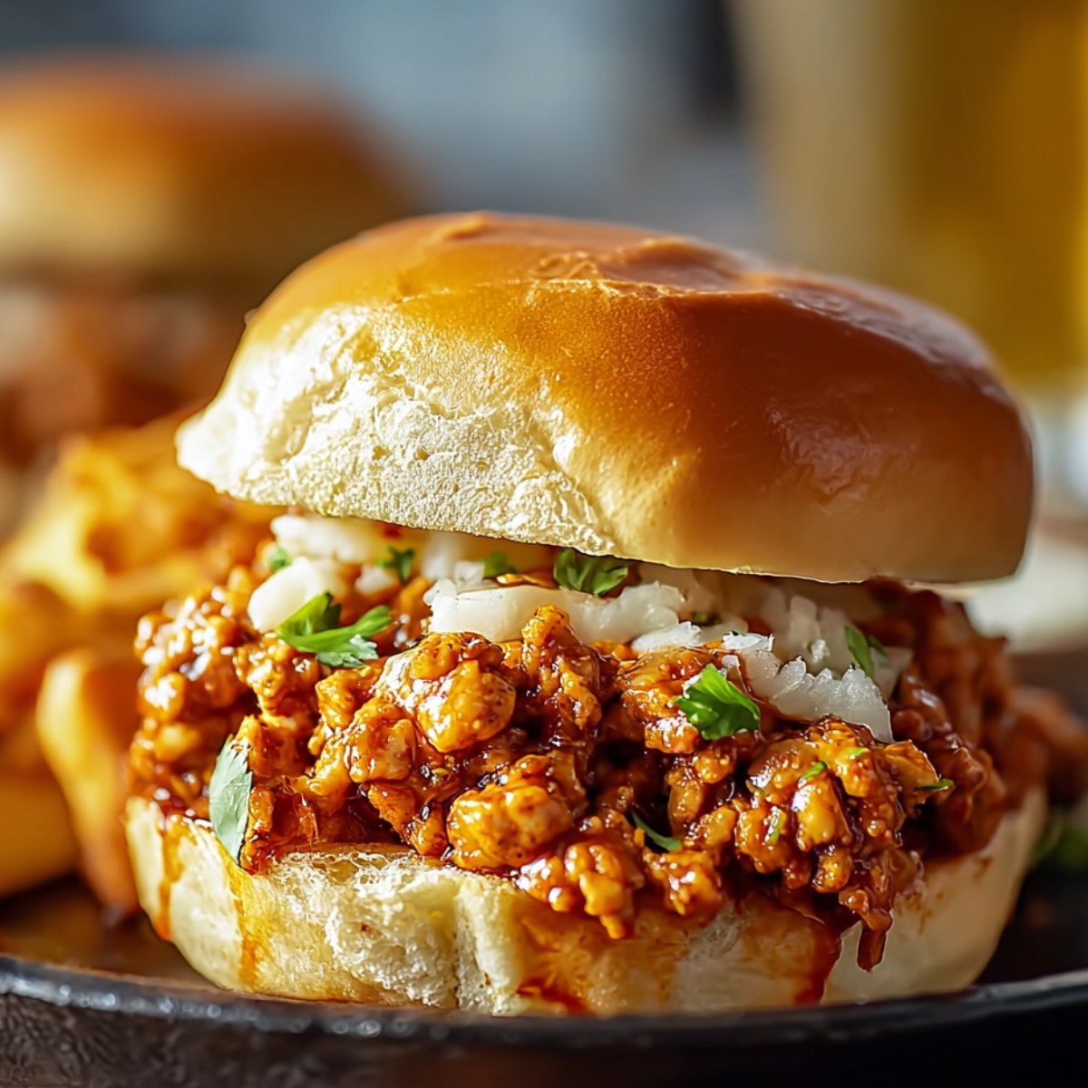 Homemade Cajun Chicken Sloppy Joe on a shiny brioche bun with saucy ground chicken, chopped onions, and parsley, served with fries and another sandwich in the background.