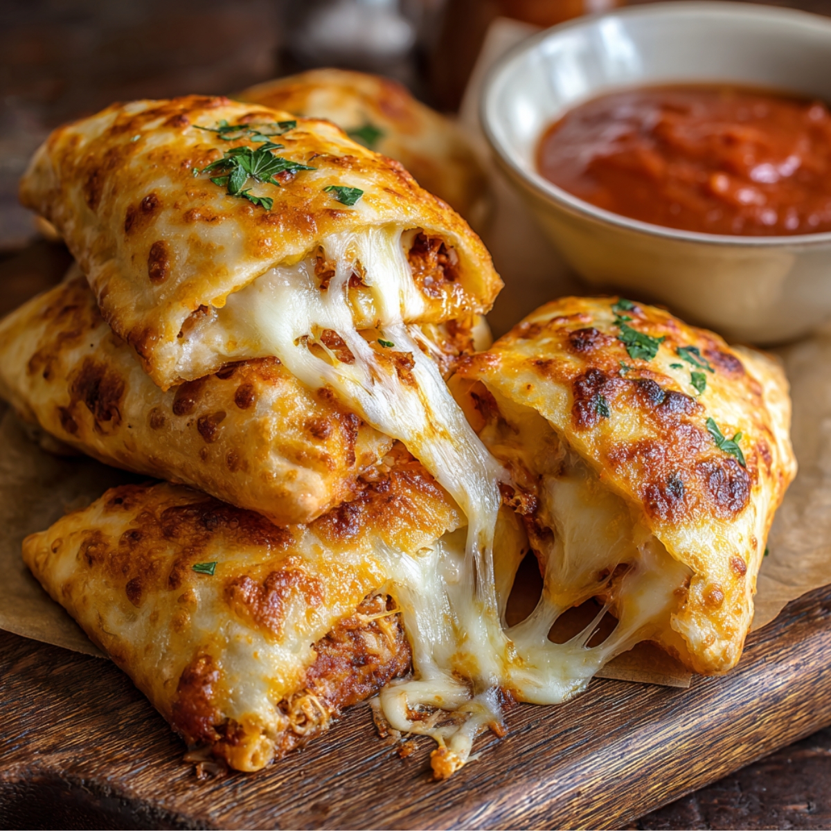 Homemade cheesy pizza pockets with golden, bubbly crust, melted mozzarella stretching from one torn open, topped with parsley, served with marinara sauce on a wooden board.