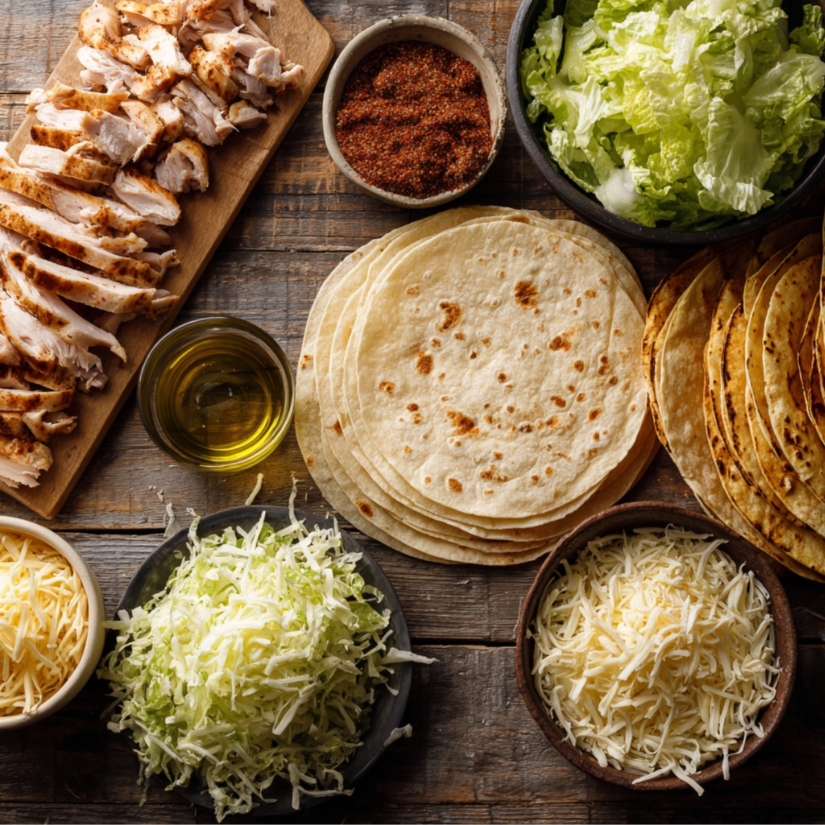 Flat lay of chicken crunch wrap ingredients on a wooden table, with sliced grilled chicken, taco seasoning, olive oil, flour and corn tortillas, shredded lettuce, and cheese.