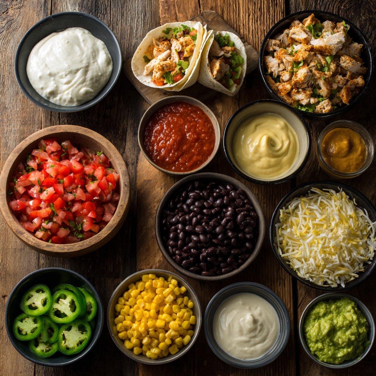 Homemade chicken crunch wrap toppings with sauces, beans, corn, jalapeños, guacamole, cheese, and diced tomatoes.