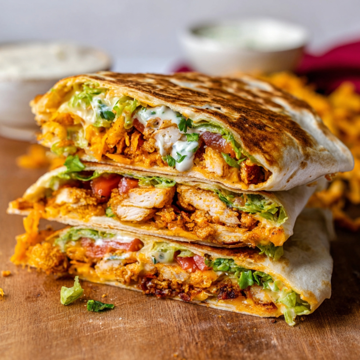 Chicken Crunch Wrap with toasted tortilla, crispy chicken, lettuce, tomato, cheese, and sauce.