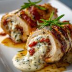 Chicken Rollatini stuffed with melted mozzarella, herbs, and sun-dried tomatoes, sliced open with gooey cheese spilling out, garnished with fresh herbs on a white plate.