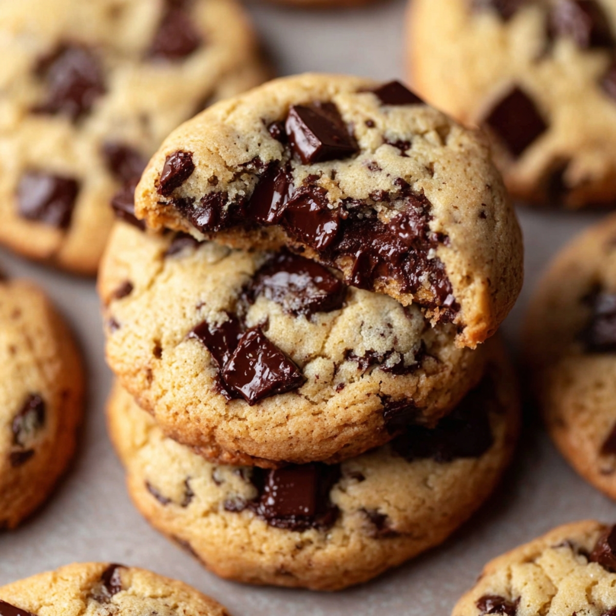 Stack of golden-brown homemade chocolate chip cookies with large melted chocolate chunks, top cookie partially bitten to reveal soft, gooey interior, surrounded by more cookies on a baking surface.