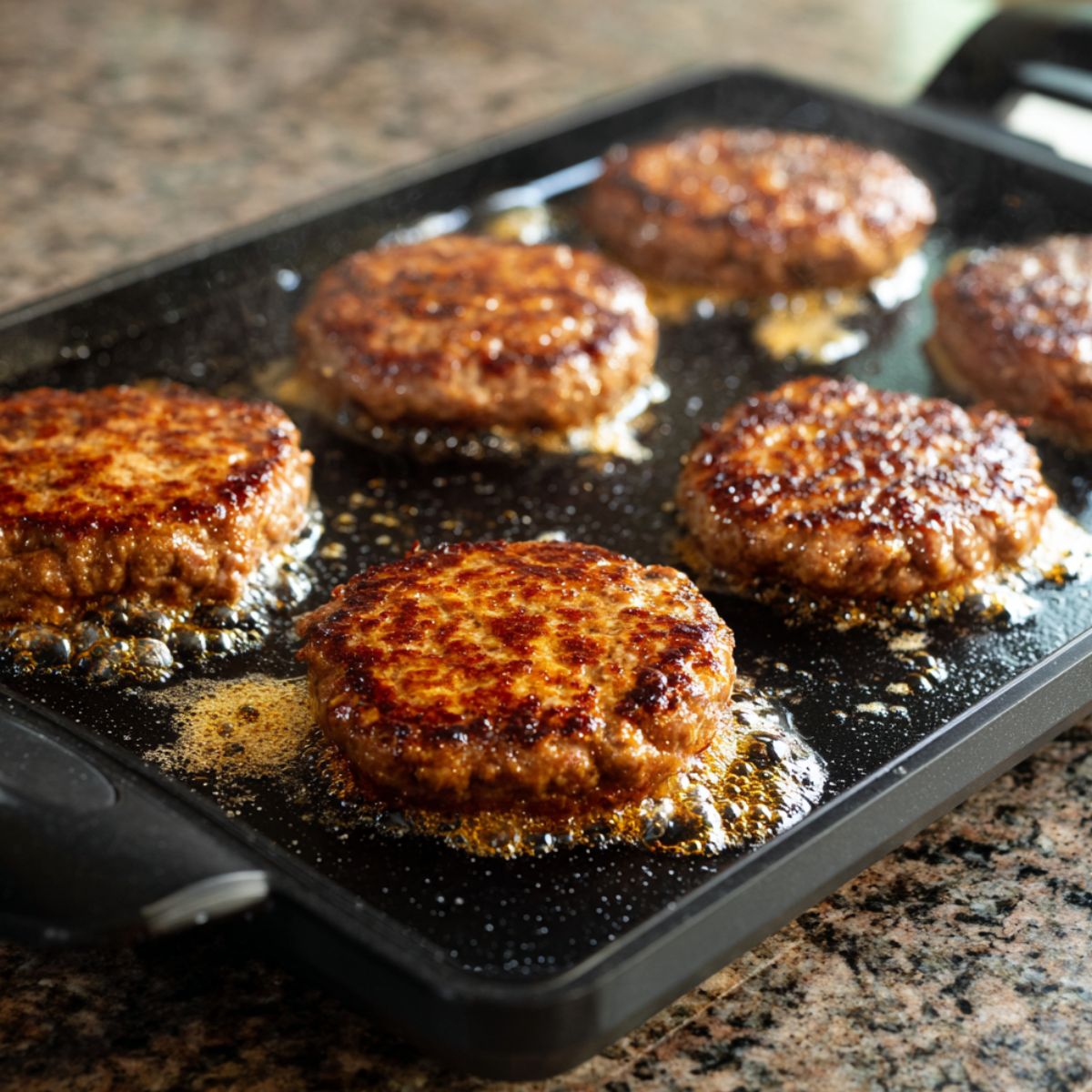 Juicy beef patties sizzling on a black griddle with golden-brown crusts and bubbling grease, set on a granite countertop in a real homemade kitchen scene.