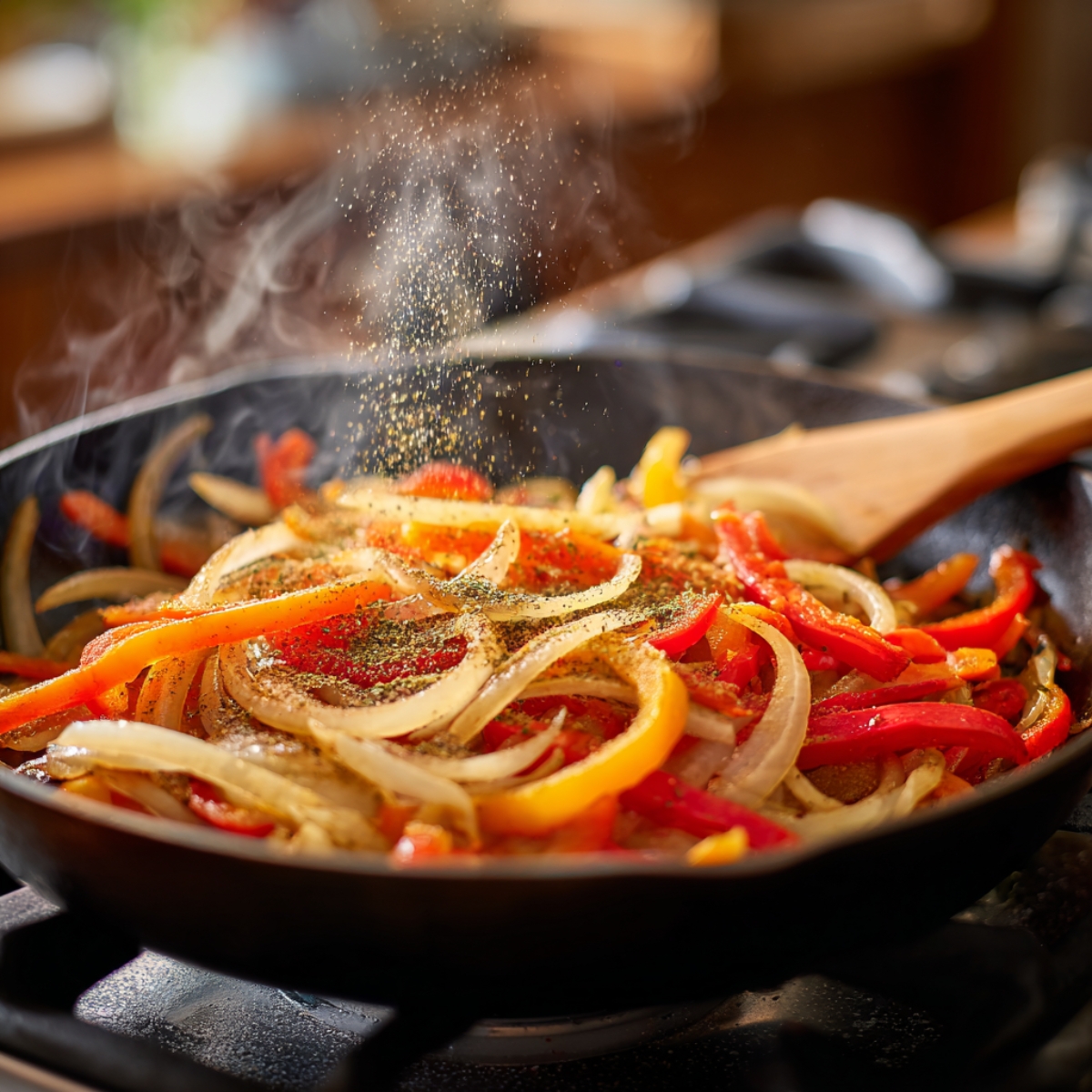Bell peppers and onions sizzling in a cast iron skillet with seasoning falling on top, steam rising, and a wooden spatula in the pan.