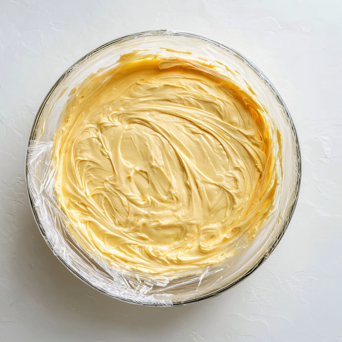 Glass bowl filled with smooth lemon truffle mixture, covered with plastic wrap, ready to chill on a light textured surface.
