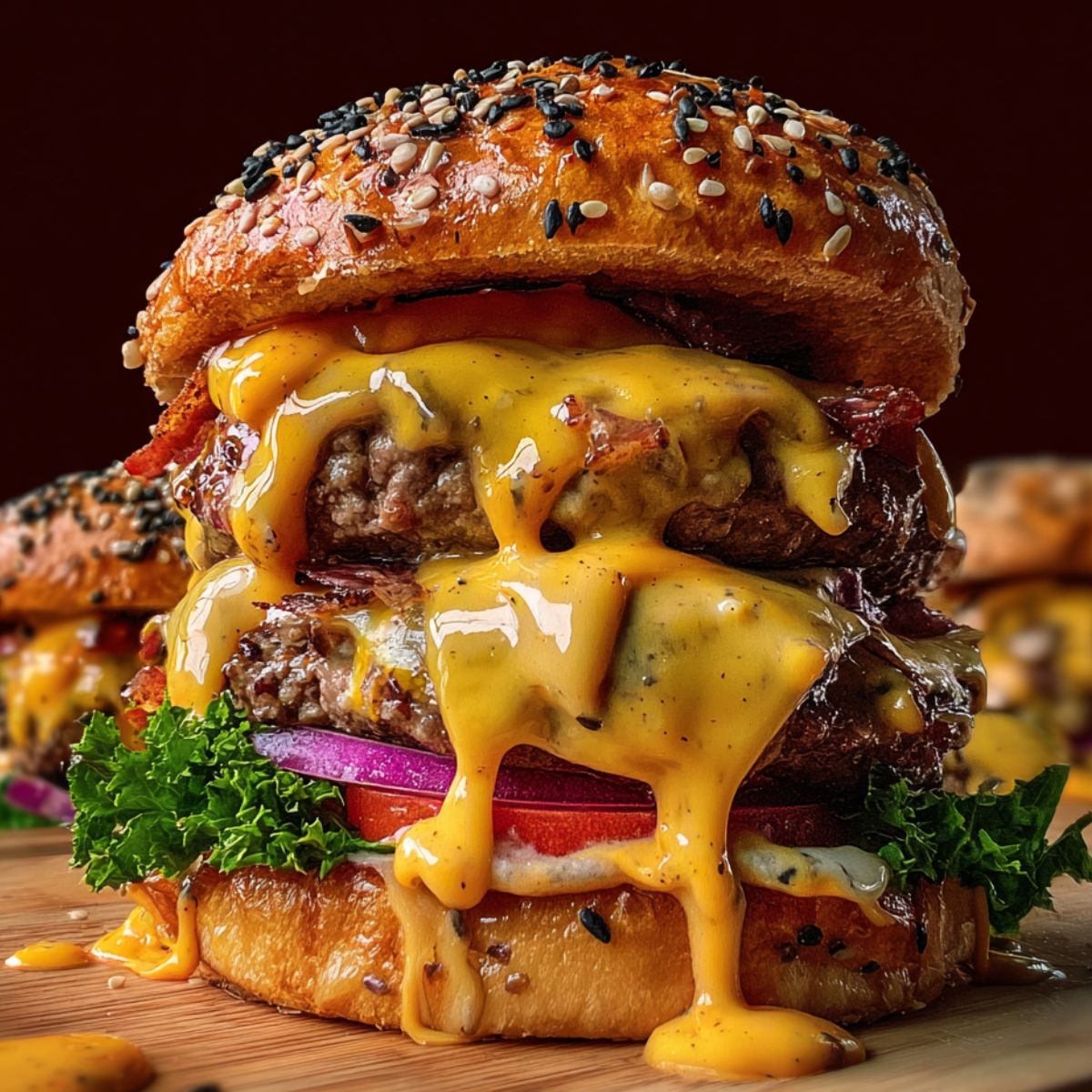 Double Crack Burgers with melted cheddar, bacon, lettuce, tomato, red onion, and a sesame brioche bun, dripping cheese onto a wooden board.