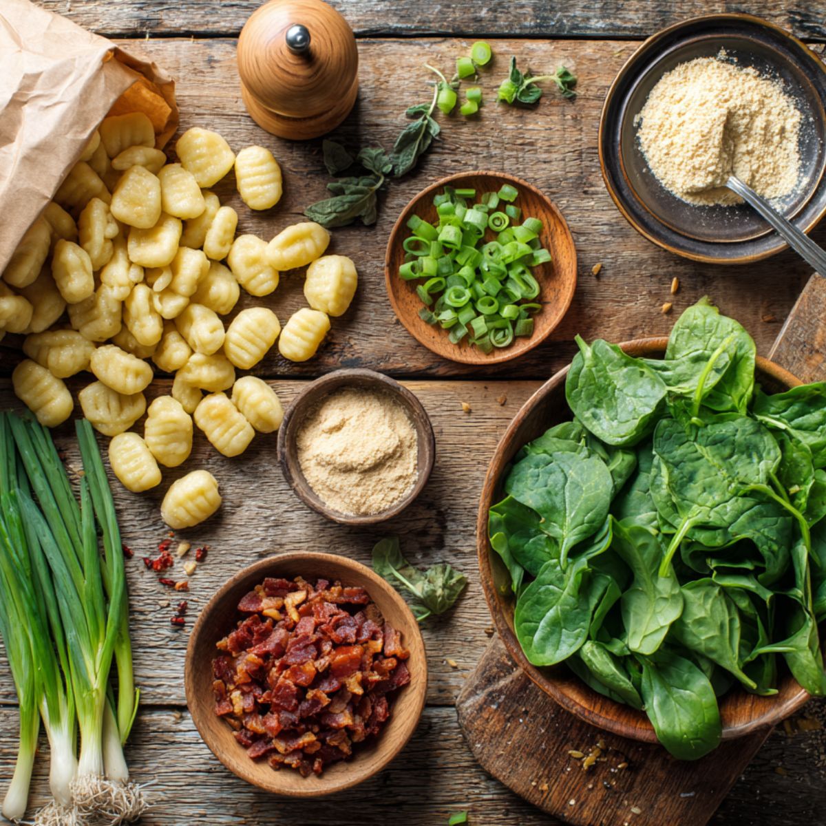 Fresh ingredients for creamy crack chicken gnocchi with gnocchi, spinach, bacon, green onions, Parmesan, and seasonings on a rustic table.