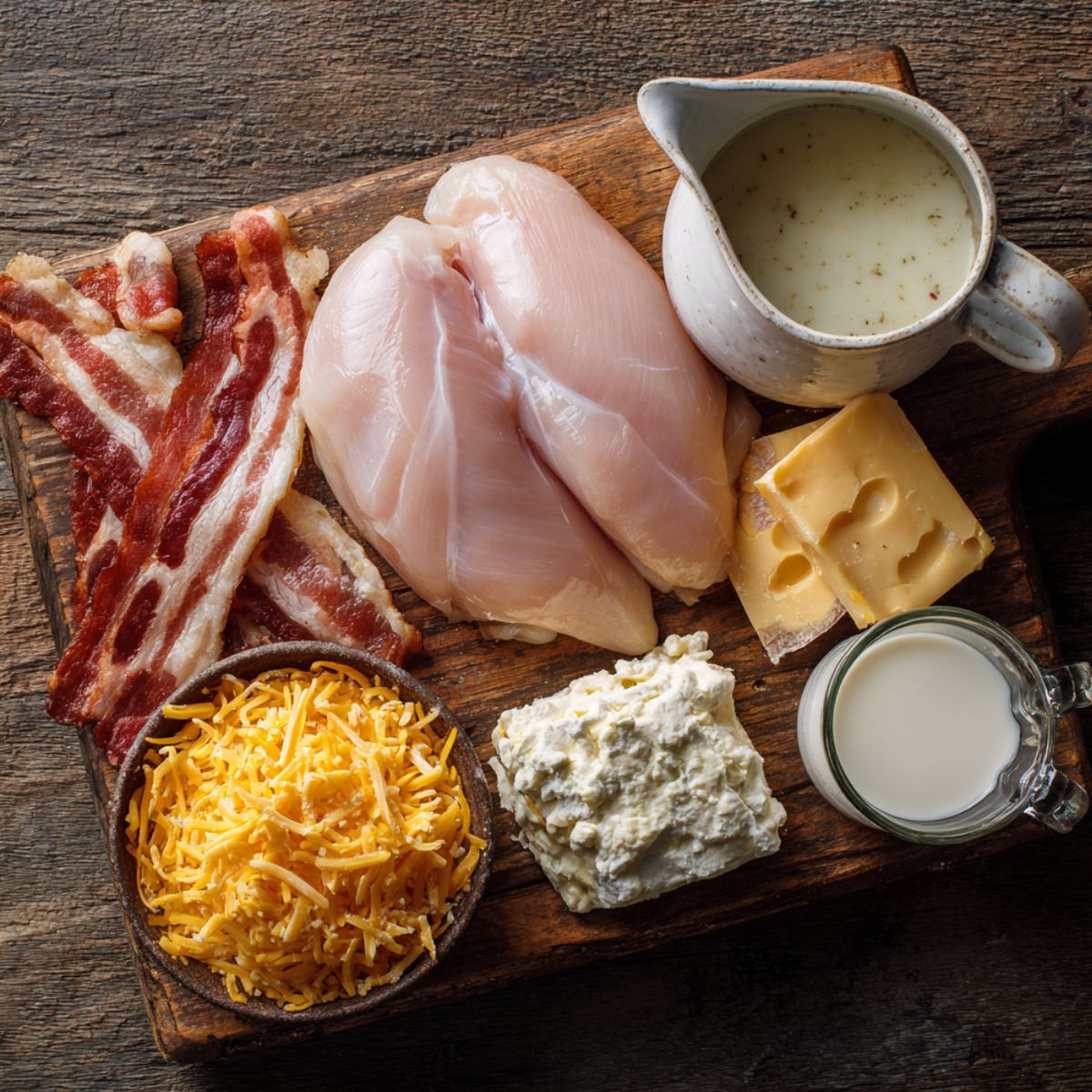 Fresh ingredients for creamy crack chicken gnocchi with chicken breasts, bacon, cheeses, milk, and broth on a rustic wooden board.