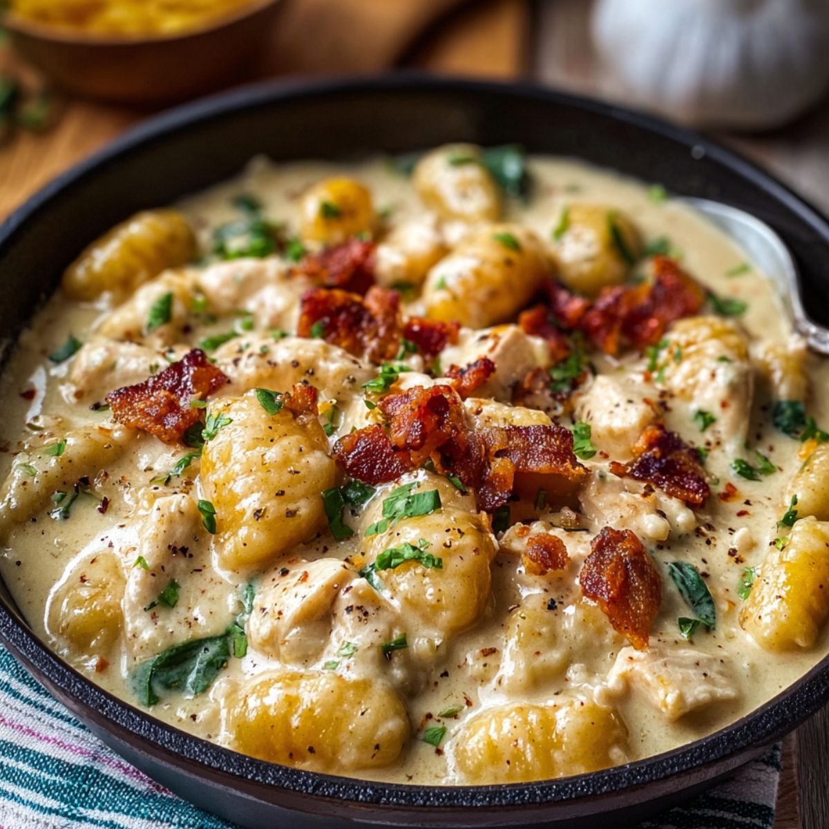 Creamy Crack Chicken Gnocchi with golden gnocchi, shredded chicken, crispy bacon, green onions, and creamy sauce.