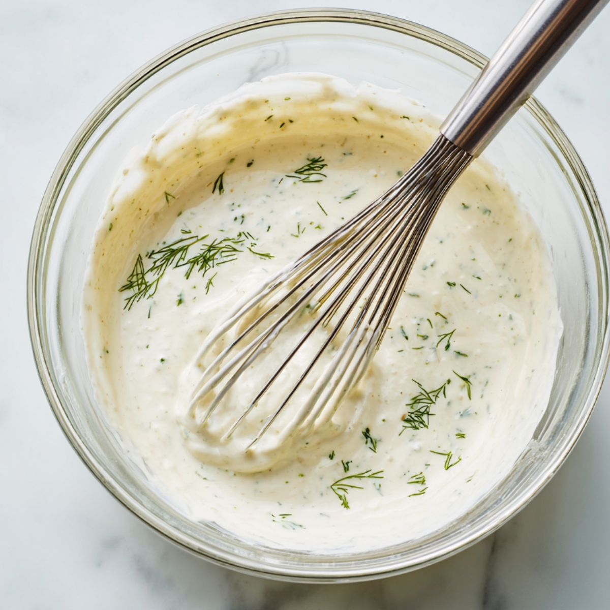 Homemade creamy cucumber salad dressing with fresh dill in a glass bowl and whisk.