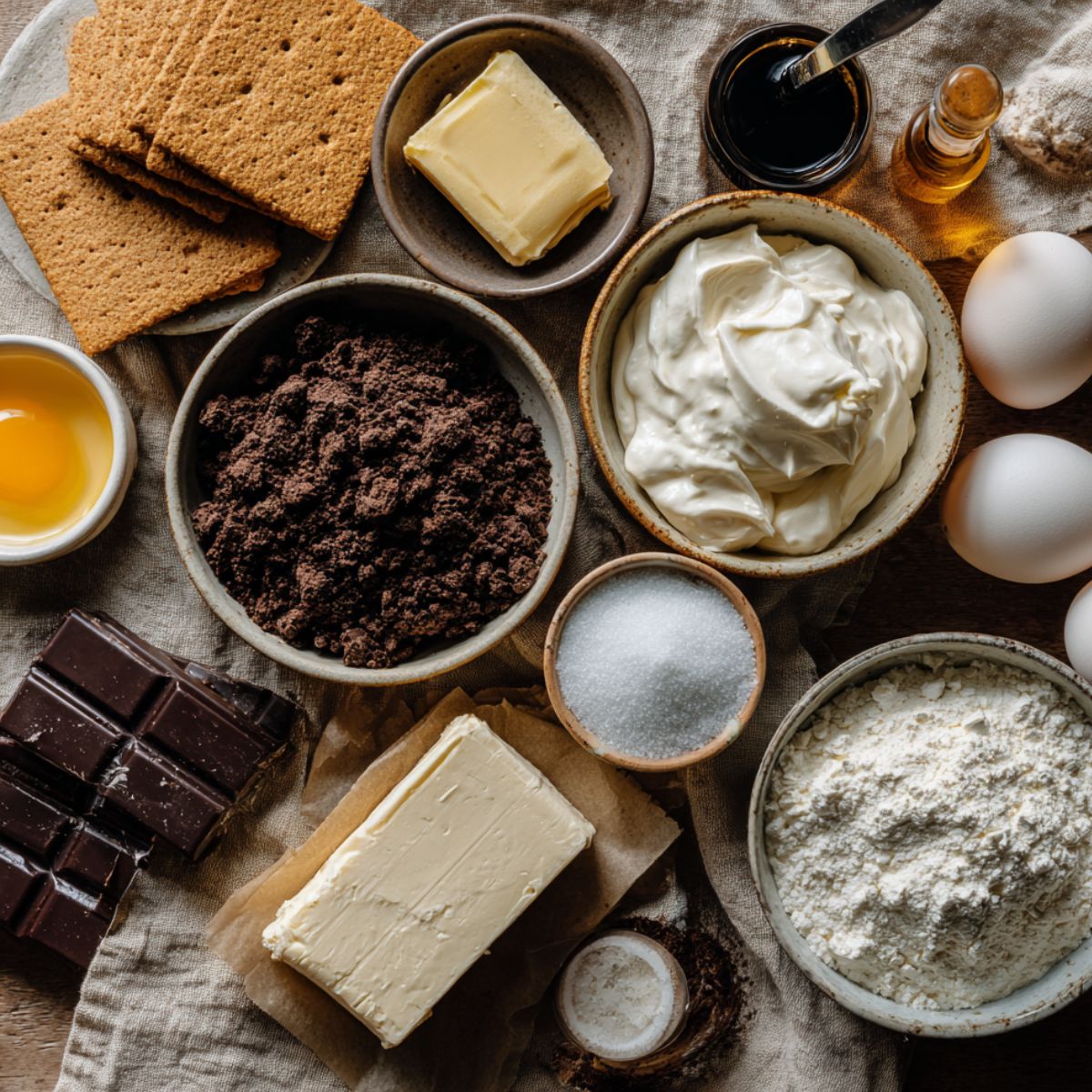 Flat lay of Dubai chocolate cheesecake ingredients: graham crackers, cocoa crumbs, butter, cream cheese, eggs, sugar, dark chocolate, vanilla, flour, and salt on a rustic surface.