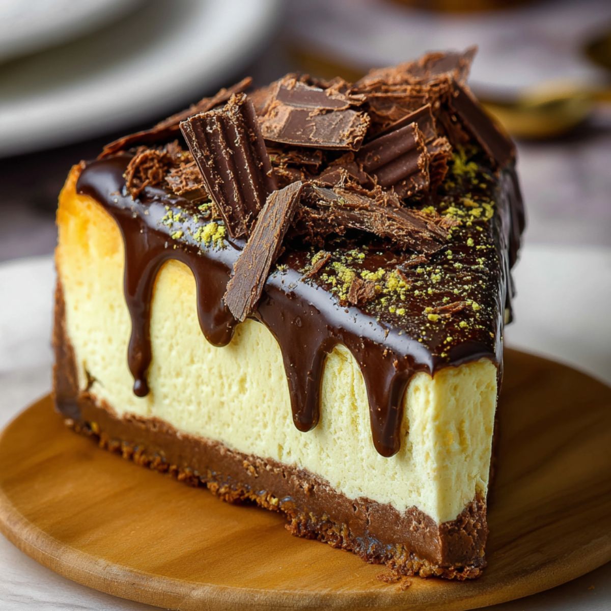 A slice of homemade Dubai chocolate cheesecake with a chocolate crust, creamy center, glossy ganache topping, chocolate shavings, and crushed pistachios on a wooden plate.