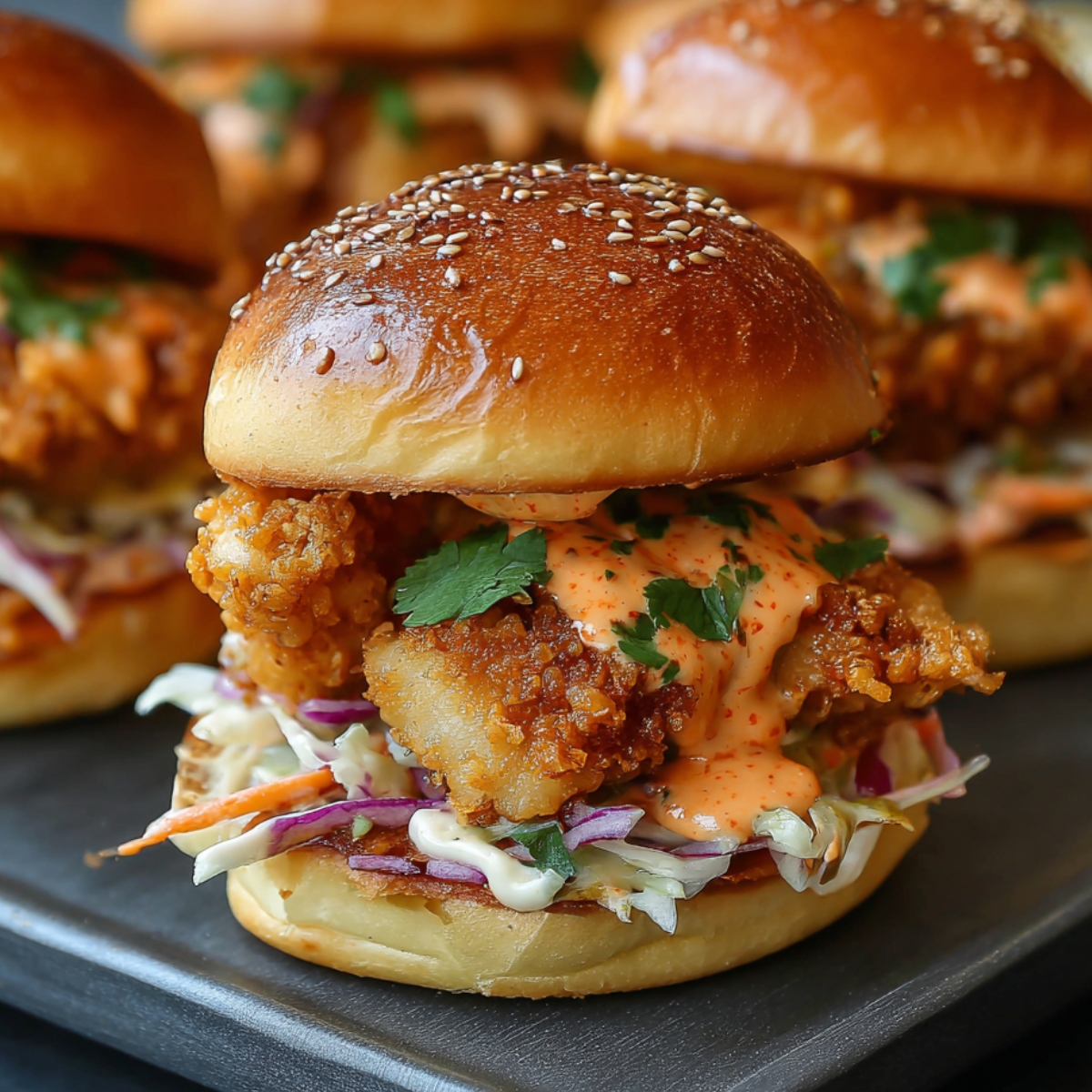 Easy Bang Bang Chicken Sliders on a sesame seed bun, filled with crispy fried chicken, creamy orange bang bang sauce, fresh cilantro, and crunchy slaw with cabbage and carrots, served on a tray.