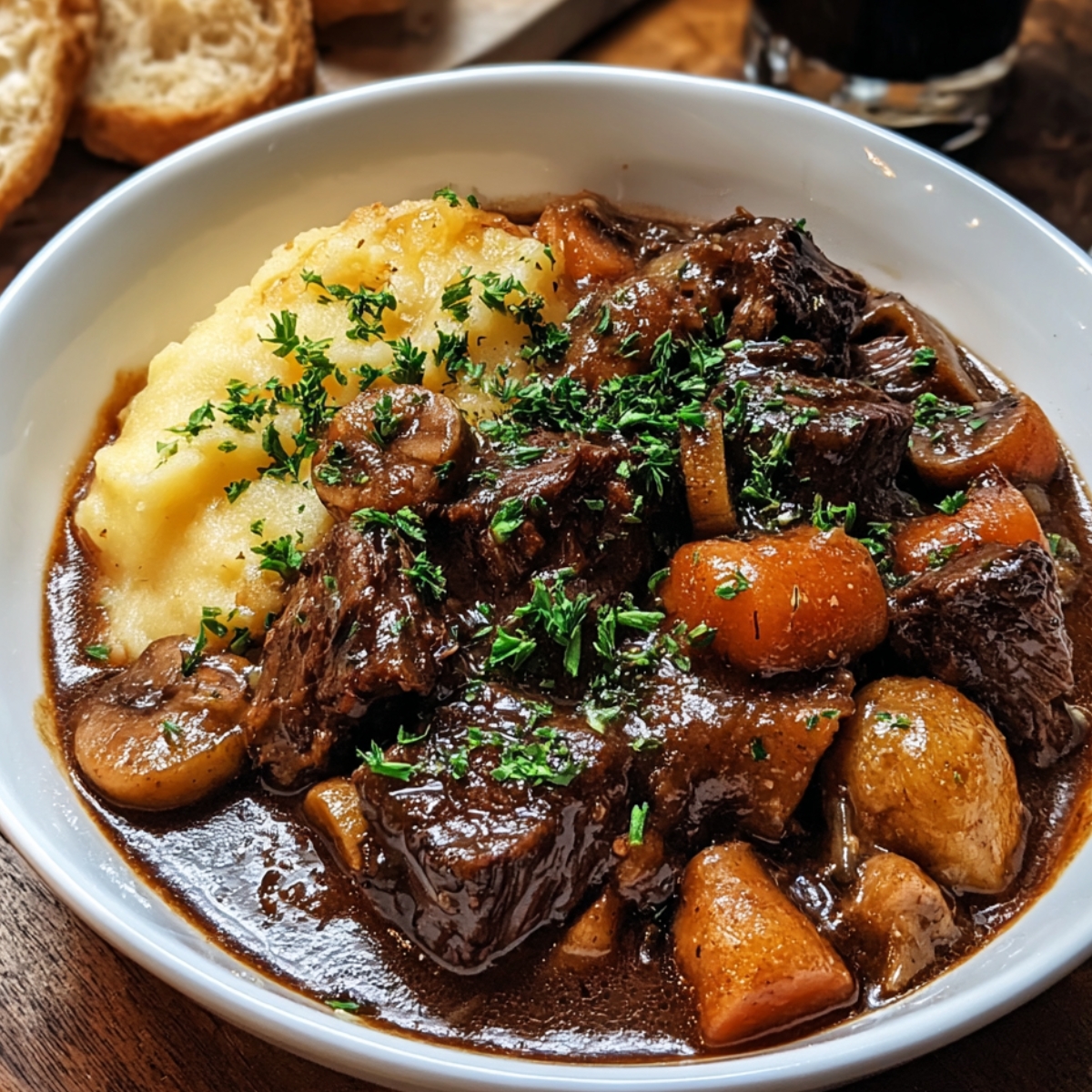 Easy Beef Bourguignon Slow Cooker Recipe with tender beef, carrots, and onions in rich wine sauce, served with creamy mashed potatoes and fresh thyme garnish.
