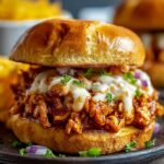 Homemade Cajun Chicken Sloppy Joe on a glossy brioche bun with saucy shredded chicken, melted cheese, parsley, and red onion, served on a dark plate with fries and another sandwich in the background.