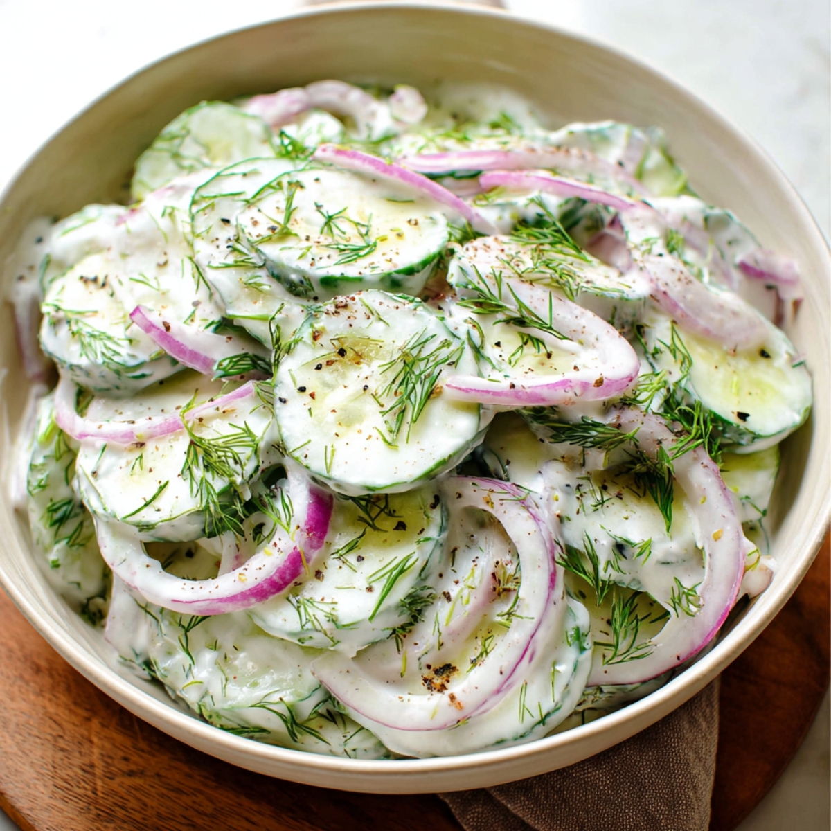 Easy Creamy Cucumber Salad with red onion, dill, and black pepper.