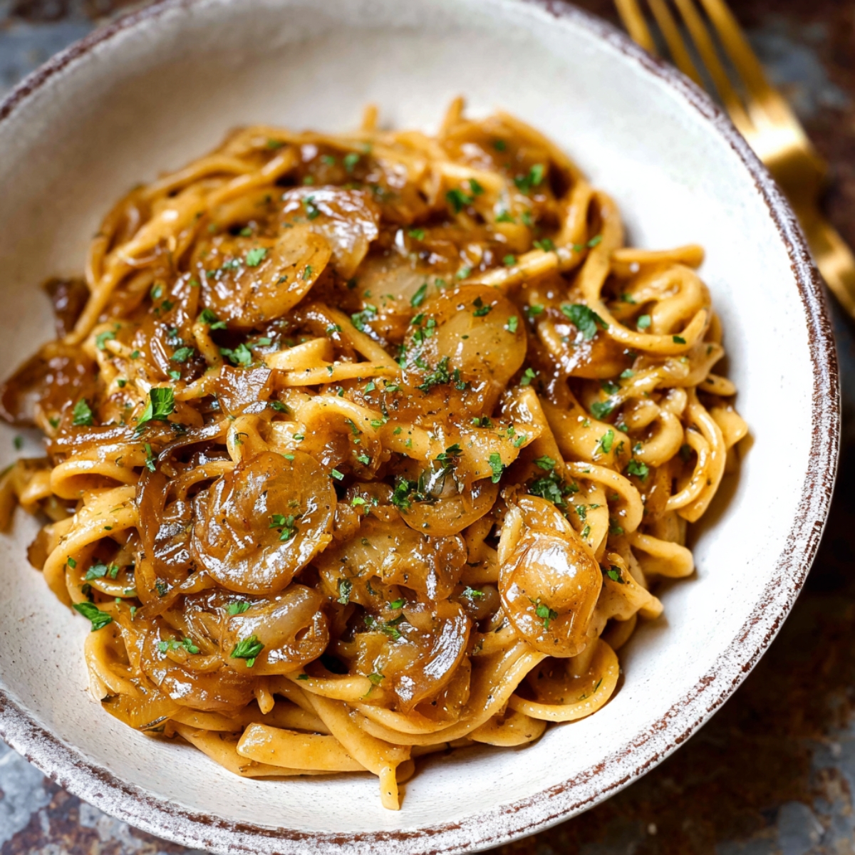 Rustic bowl of homemade French onion pasta with caramelized onions and parsley, golden fork in the background.