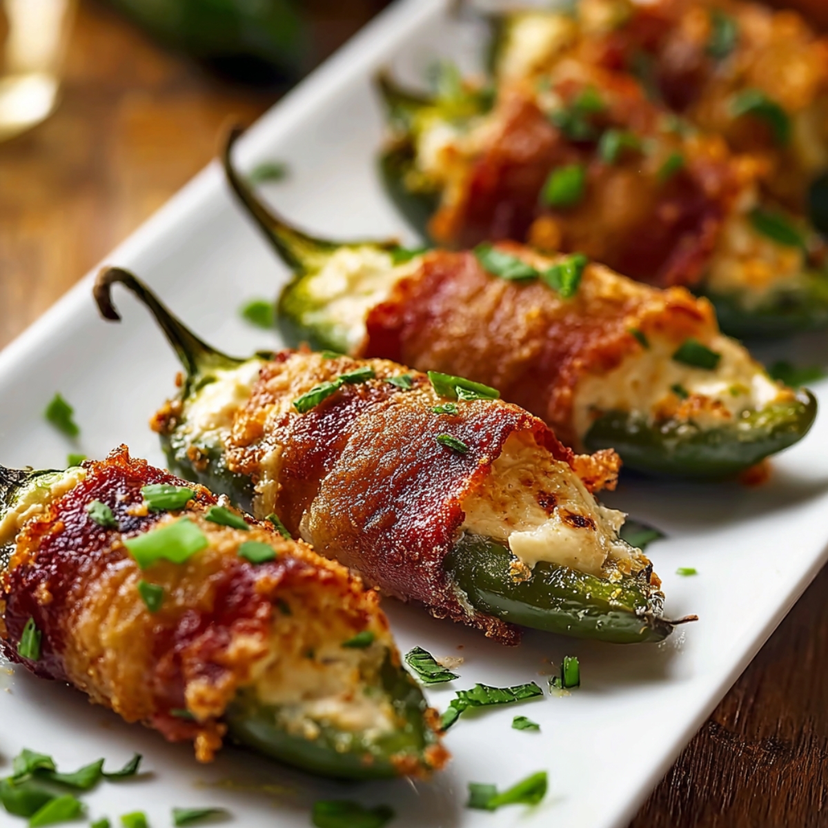 Easy Jalapeño Poppers Recipe stuffed with cheese and topped with fresh herbs on a white platter.