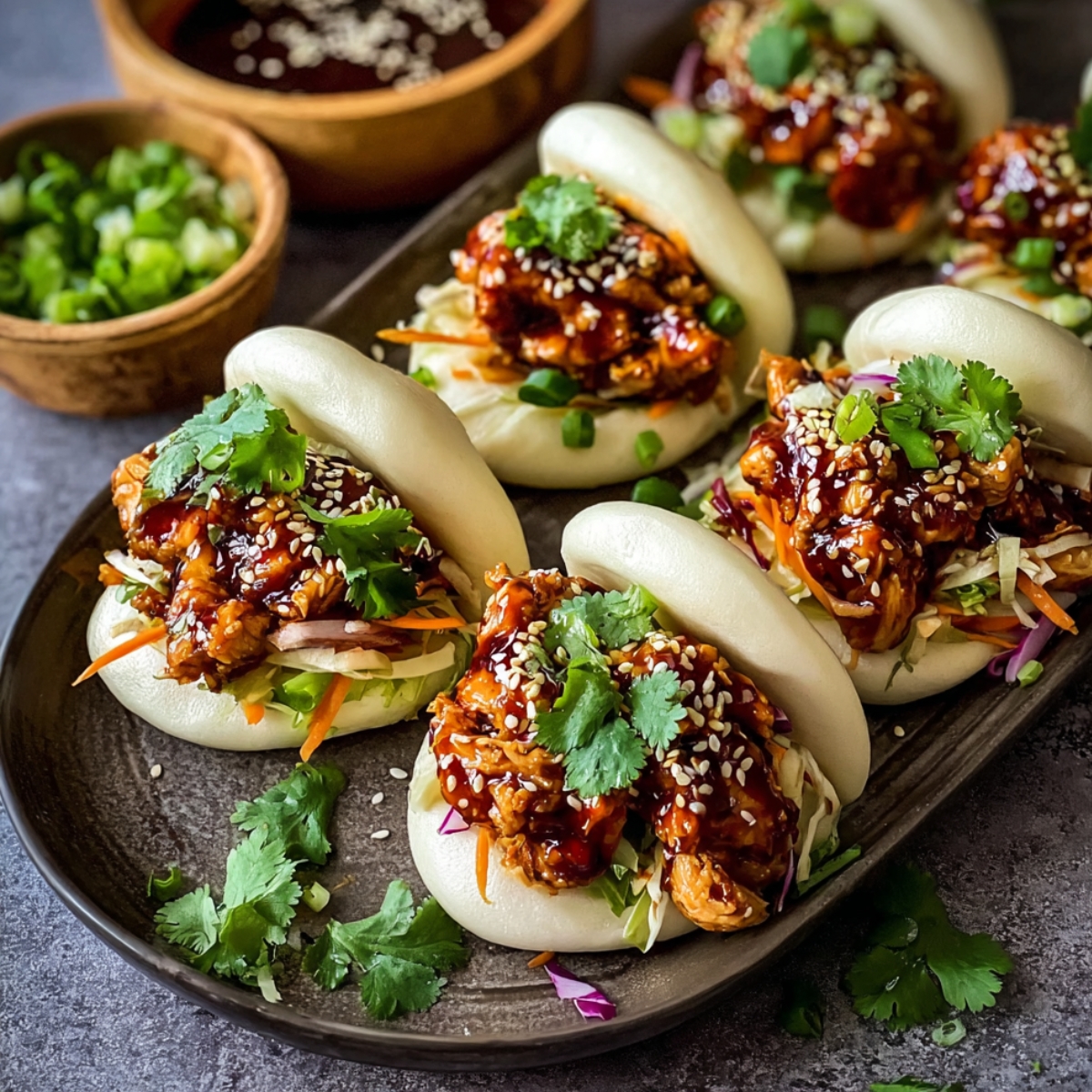 Easy Korean Chicken Bao Buns with crispy gochujang-glazed chicken, topped with sesame seeds, green onions, and cilantro, served on a wooden tray.