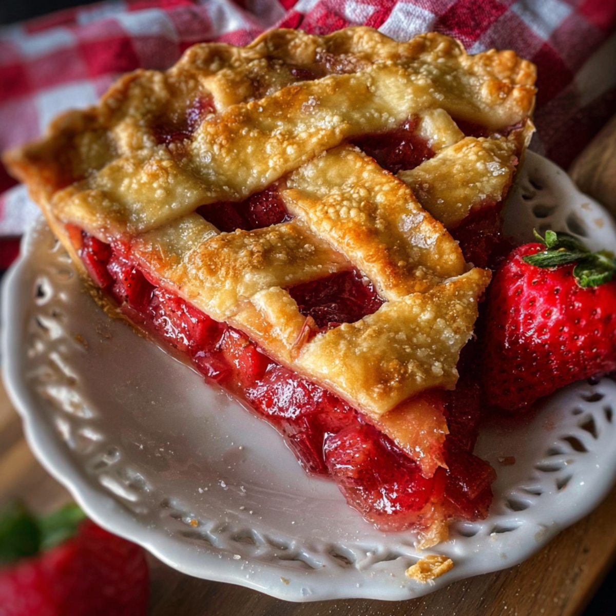 Close-up of a slice of homemade strawberry rhubarb pie with a golden lattice crust and coarse sugar, glossy red fruit filling, and a fresh strawberry on a white plate, natural daylight.