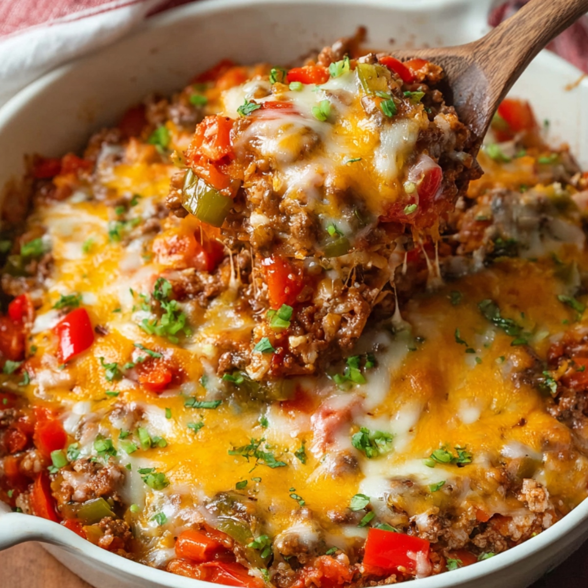 Easy Stuffed Pepper Casserole topped with melted cheese, ground beef, rice, red peppers, and green onions, with a spoon lifting a cheesy serving.