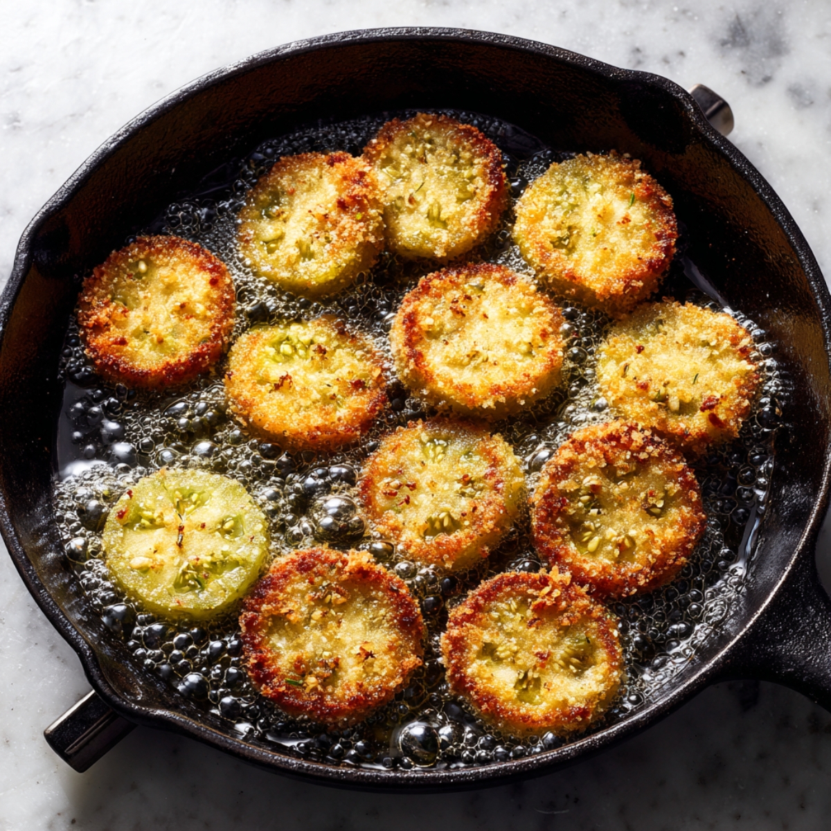 Crispy fried green tomatoes bubbling in hot oil inside a cast iron skillet, with golden breadcrumb coating and green centers visible, on a marble countertop.