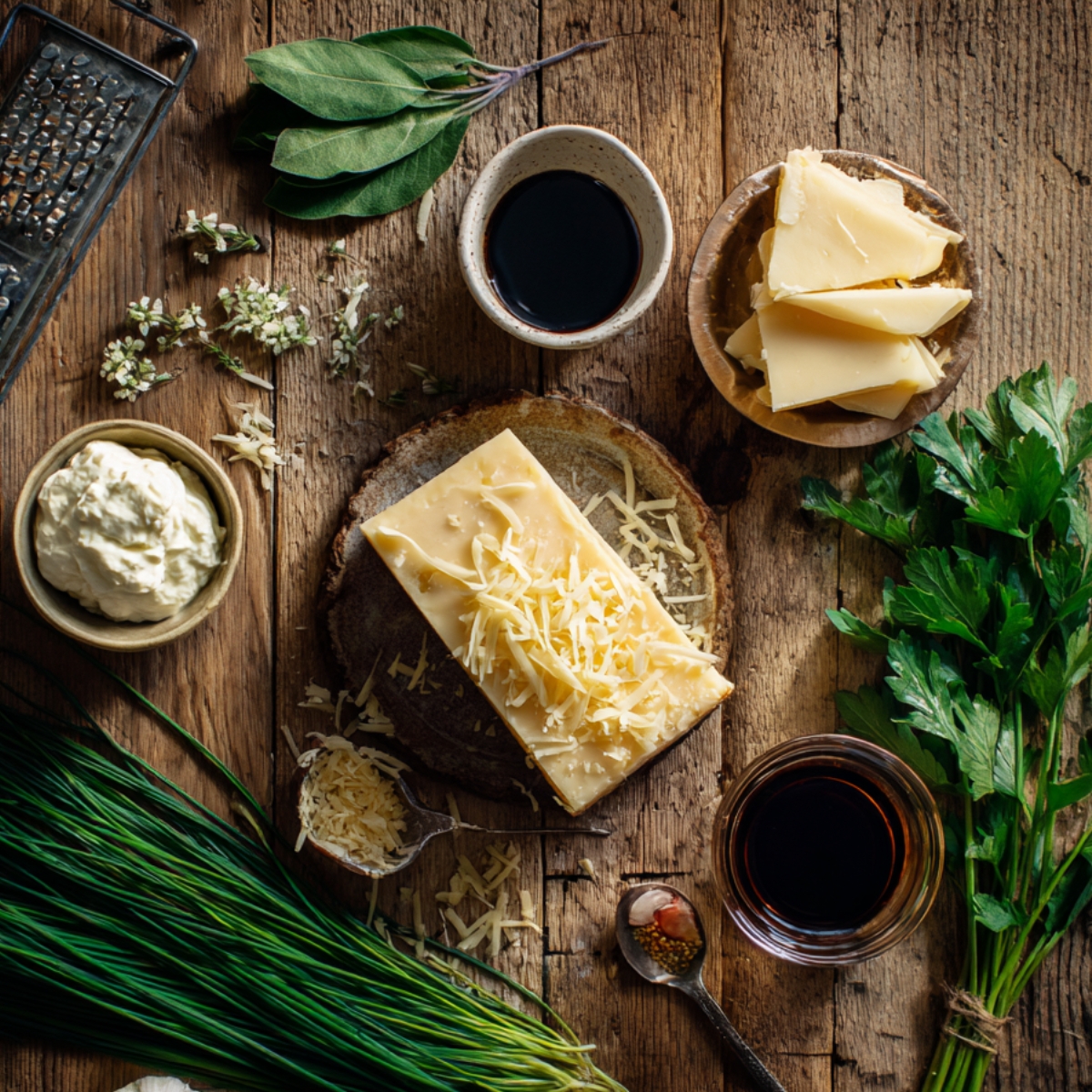 Overhead view of French Onion Pasta ingredients on a rustic wooden table: Gruyère block with grated cheese, Parmesan slices, cream cheese, fresh parsley, chives, sage, small bowls of vinegar and sauce, and a glass of red wine.