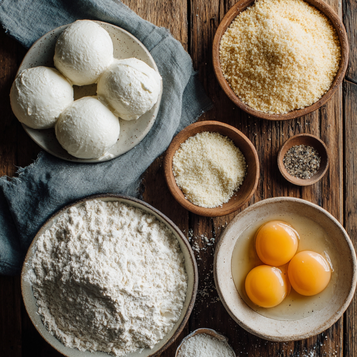 Fresh burrata balls, flour, eggs, breadcrumbs, and black pepper arranged on a rustic wooden table with a gray cloth.