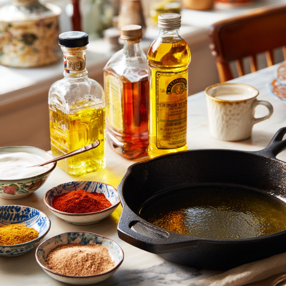 Cast iron skillet with oil, surrounded by bottles of oil, spices, and buttermilk on a marble counter in natural light.