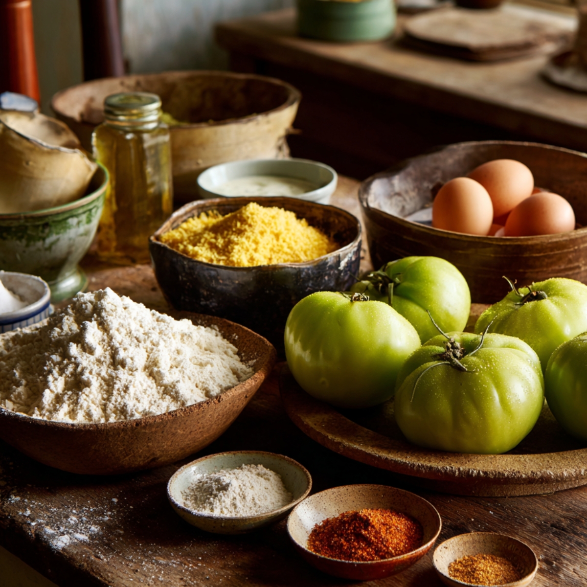 Green tomatoes, flour, cornmeal, eggs, and spices on a rustic wooden table in warm natural light.