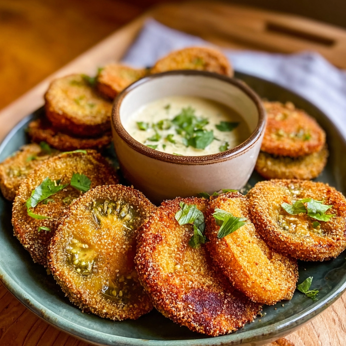 Stacked Fried Green Tomatoes with sauce and basil in a bowl, served with dipping sauce.