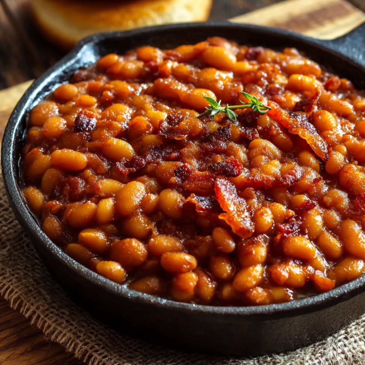 Homemade baked beans in a black cast-iron skillet, topped with crispy bacon pieces and a small sprig of fresh thyme, sitting on rustic burlap with a blurred background of toasted buns.