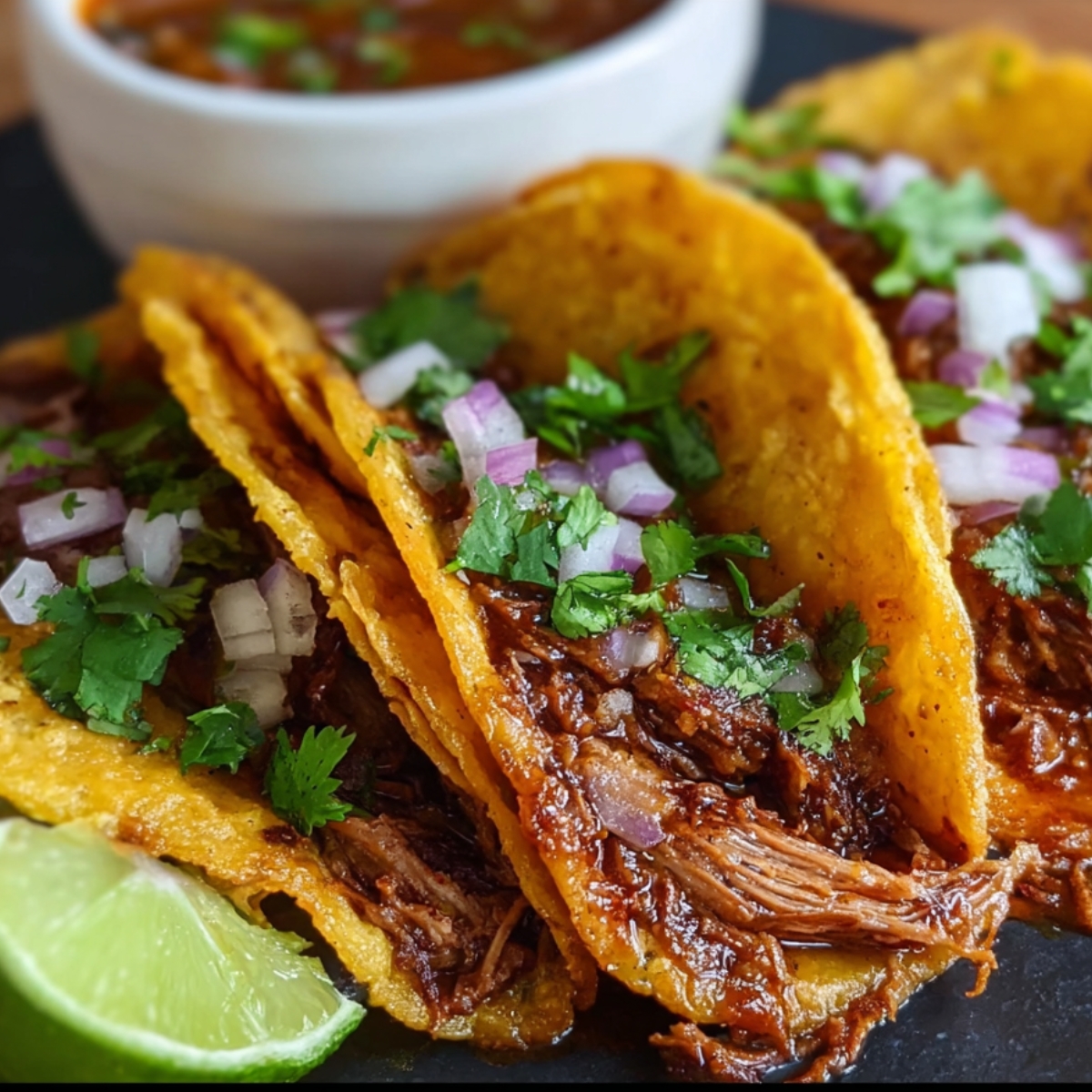 Homemade birria tacos filled with juicy shredded beef in rich red chile sauce, topped with fresh chopped cilantro and diced white onion, served beside a small white bowl of steaming consommé garnished with herbs.