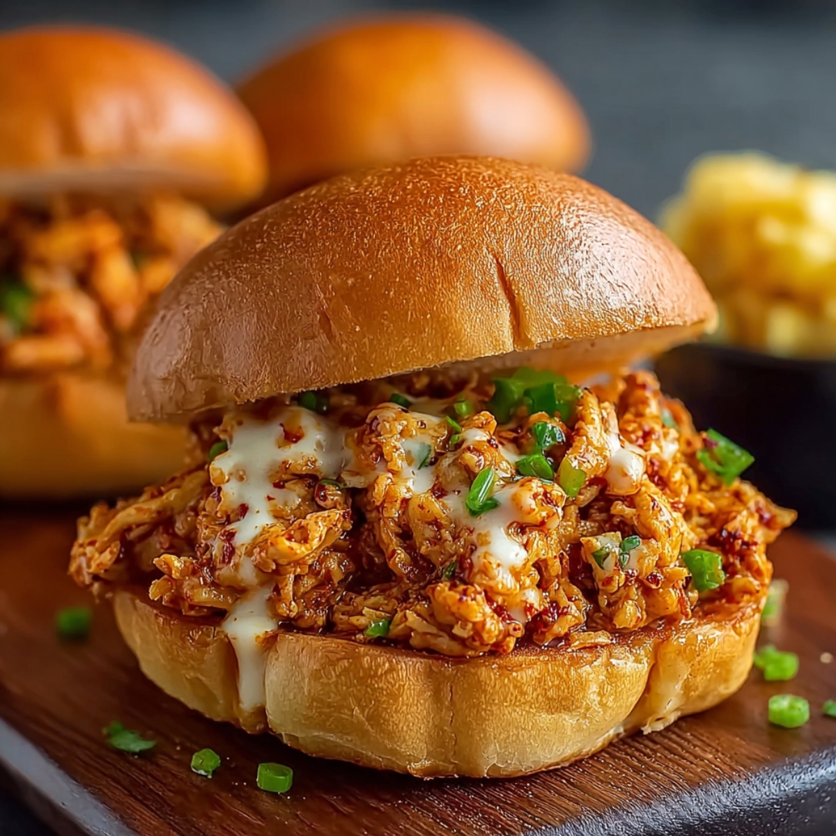Homemade Cajun Chicken Sloppy Joes on a shiny brioche bun with saucy shredded chicken, melted cheese, and green onions, served on a wooden board with another sandwich and a side dish in the background.