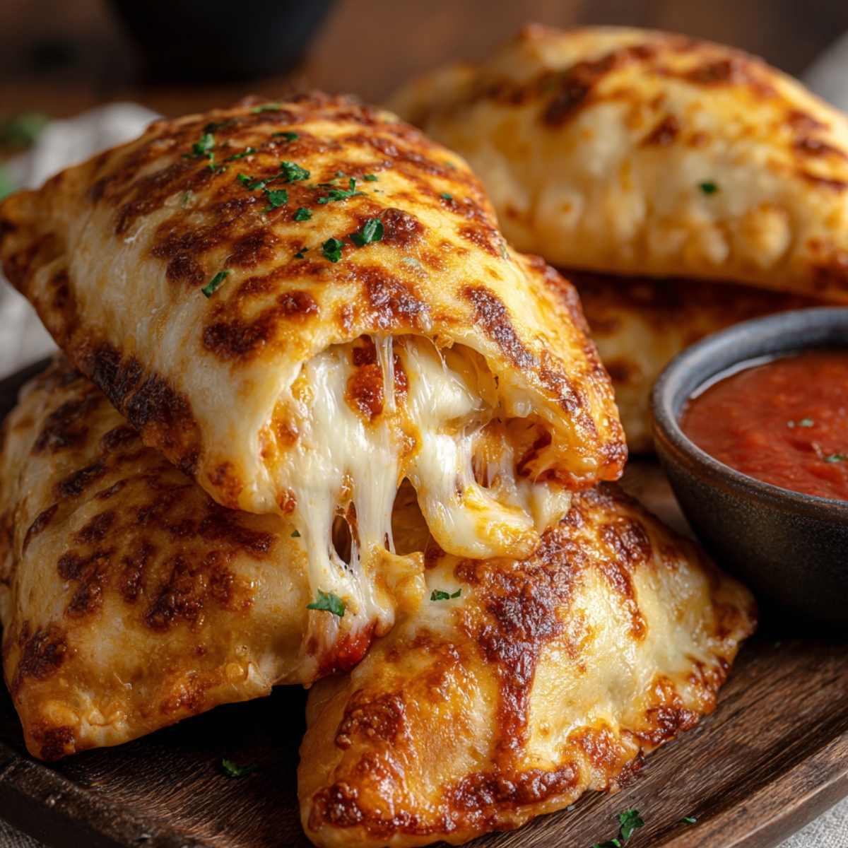 Homemade cheesy pizza pockets with golden, crispy crust and melted mozzarella stretching from the center, served on a wooden board with a bowl of marinara sauce.