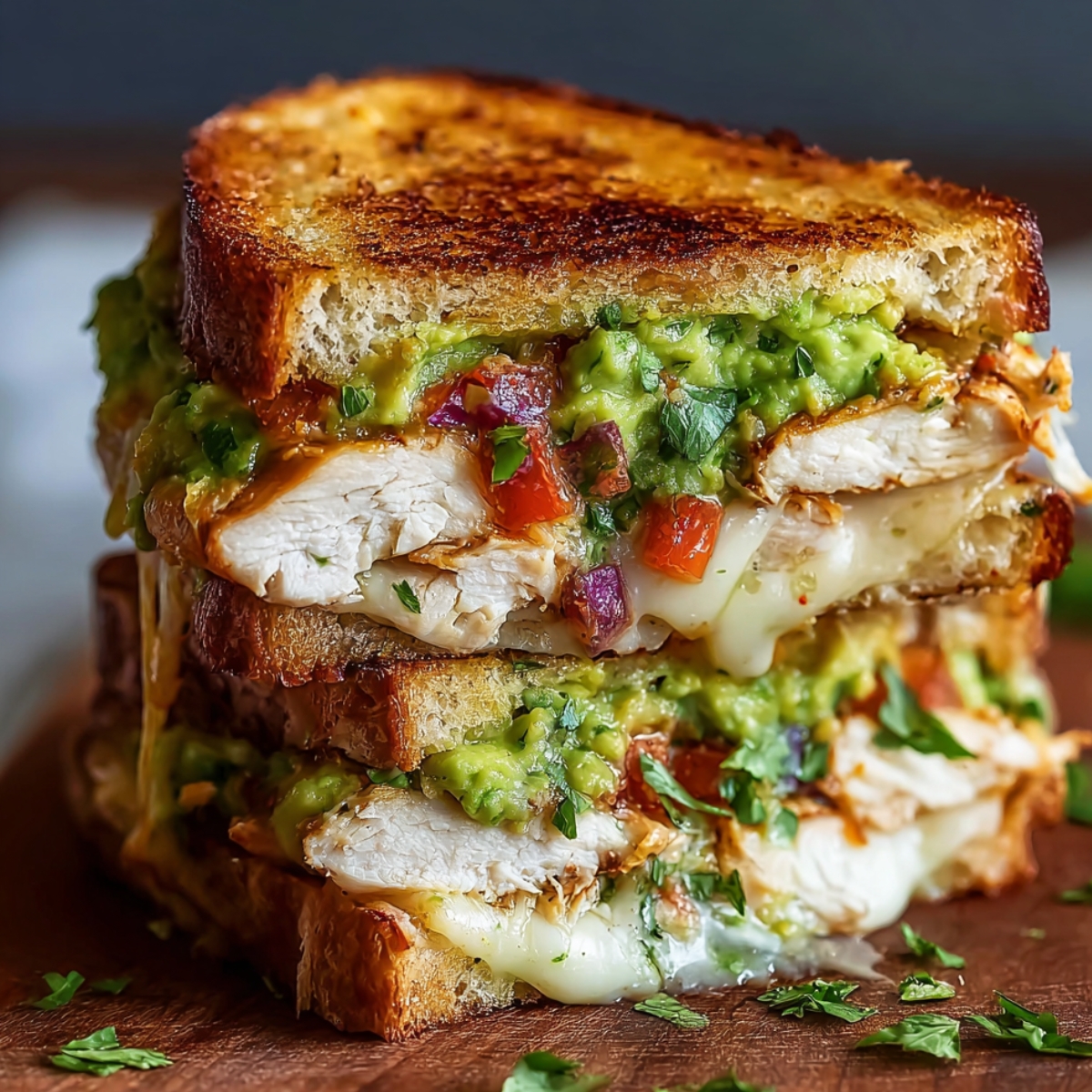 Homemade Chicken Avocado Melt Sandwich stacked on a wooden board, made with crispy golden sourdough, melted cheese, juicy chicken breast, and chunky avocado mixed with tomato, red onion, and cilantro.