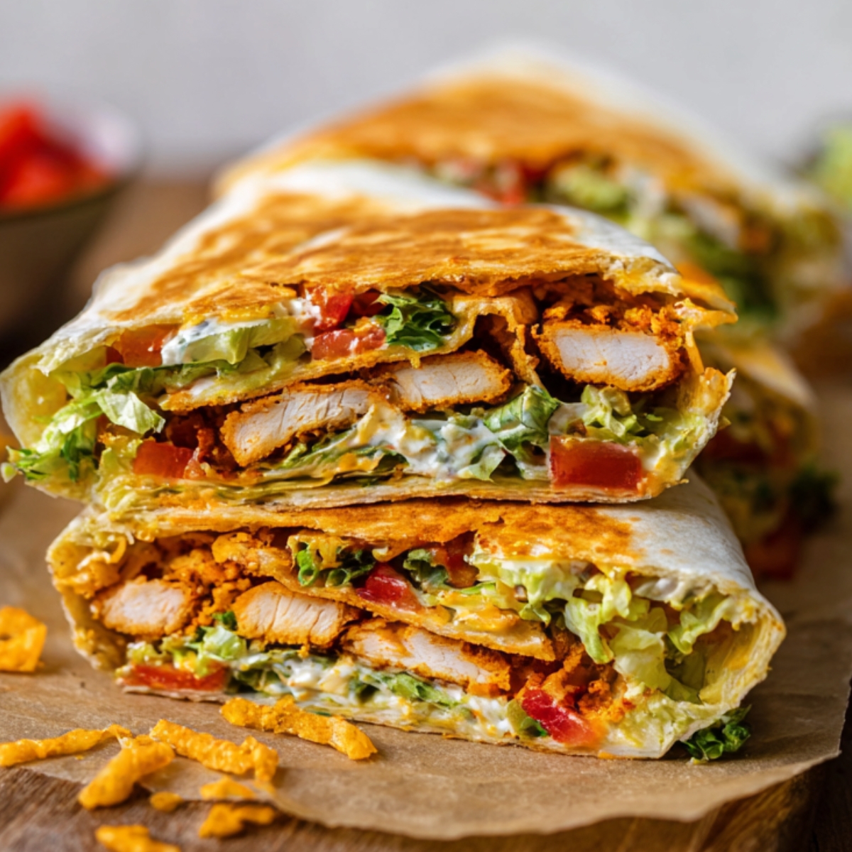 Homemade chicken crunch wrap with crispy tortilla, breaded chicken, lettuce, tomato, and creamy sauce.