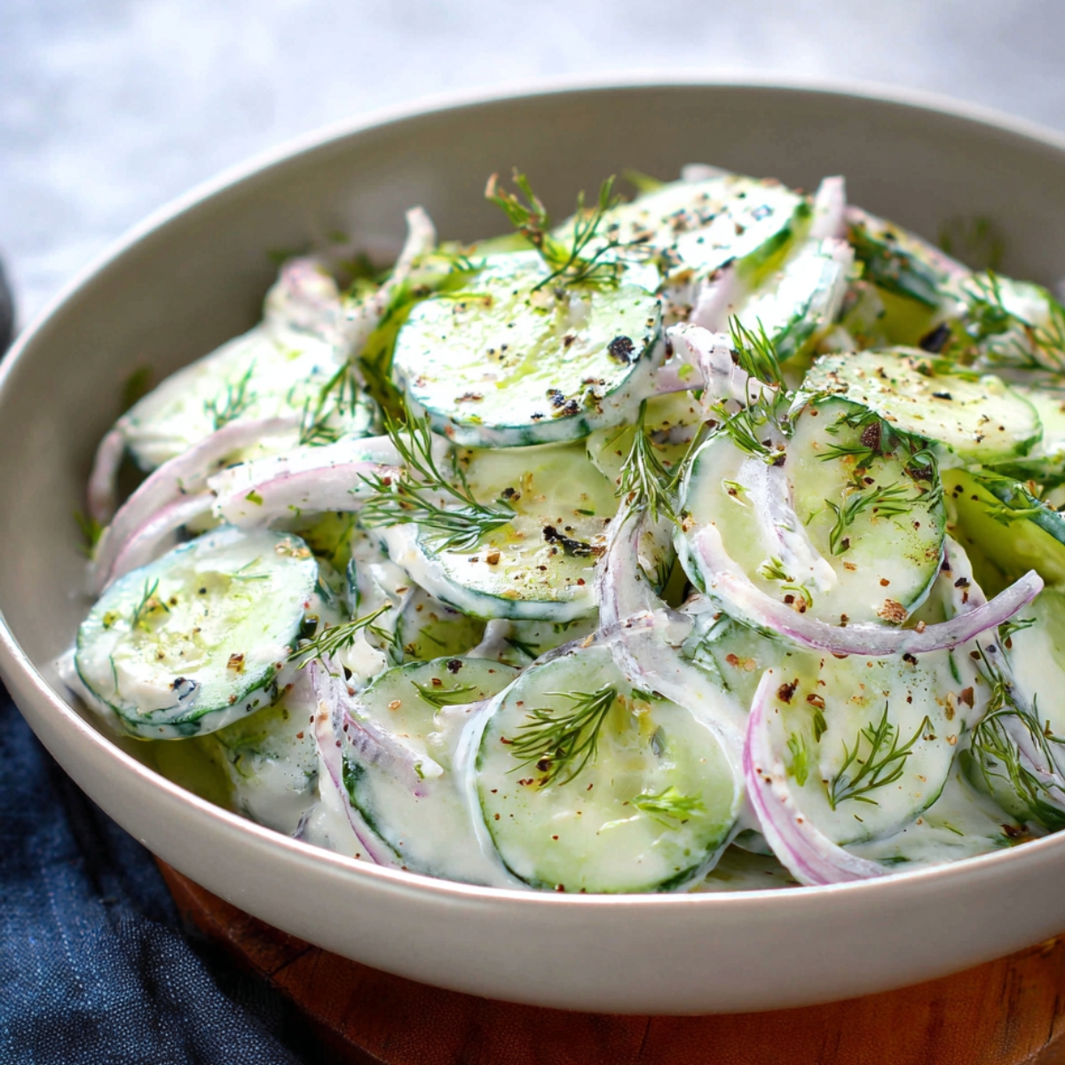 Homemade Creamy Cucumber Salad with red onion, dill, black pepper, and olive oil.