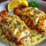 Homemade Garlic Butter Lobster Tails with golden meat, parsley, and lemon wedges in a white dish.