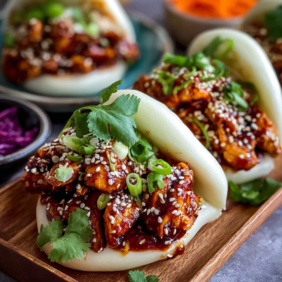 Homemade Korean chicken bao buns filled with crispy glazed chicken, shredded slaw, and topped with sesame seeds, cilantro, and green onions, served on a dark oval plate with extra herbs and sauce in the background.