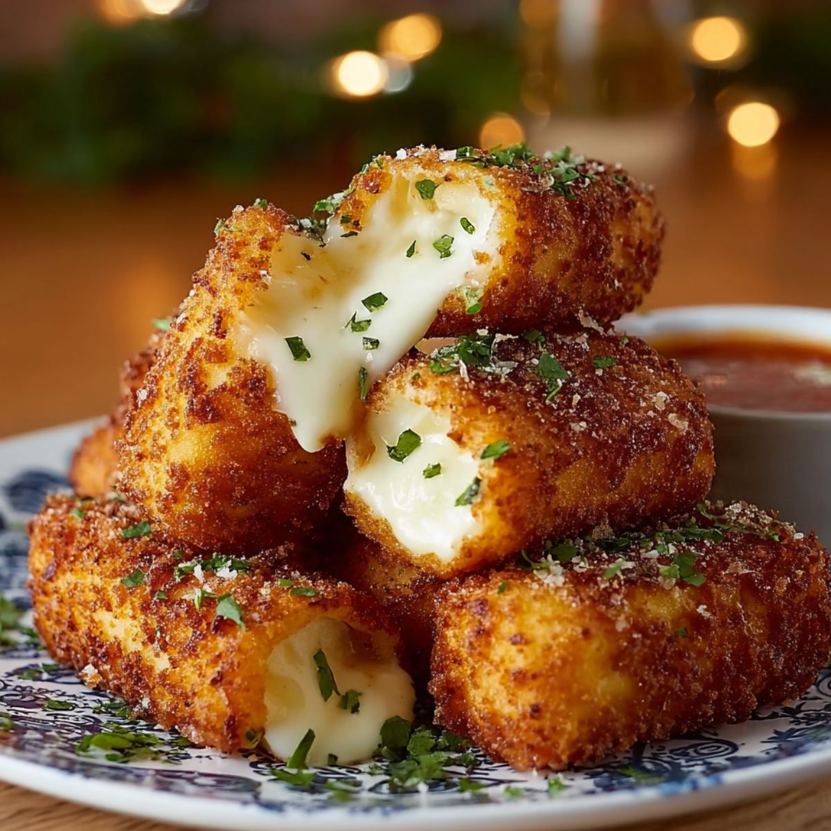 Homemade Nashville Hot Mozzarella Sticks on parchment paper, one split open with melted cheese, parsley garnish, and marinara sauce in a black ramekin behind.