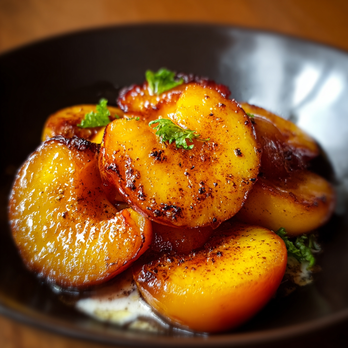 Homemade Pan Fried Peaches, golden and caramelized with crisp edges, glistening in a buttery glaze and garnished with fresh green herbs.
