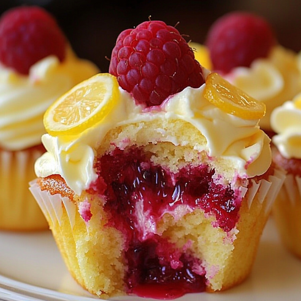 Homemade Raspberry Lemon Cupcakes with lemon frosting, topped with a raspberry and lemon slices. Cut open to reveal gooey raspberry and lemon curd filling.